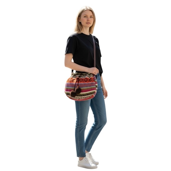 Handbags - BOHO Colorful Knit Medium Shoulder Bag with Brown Tassels